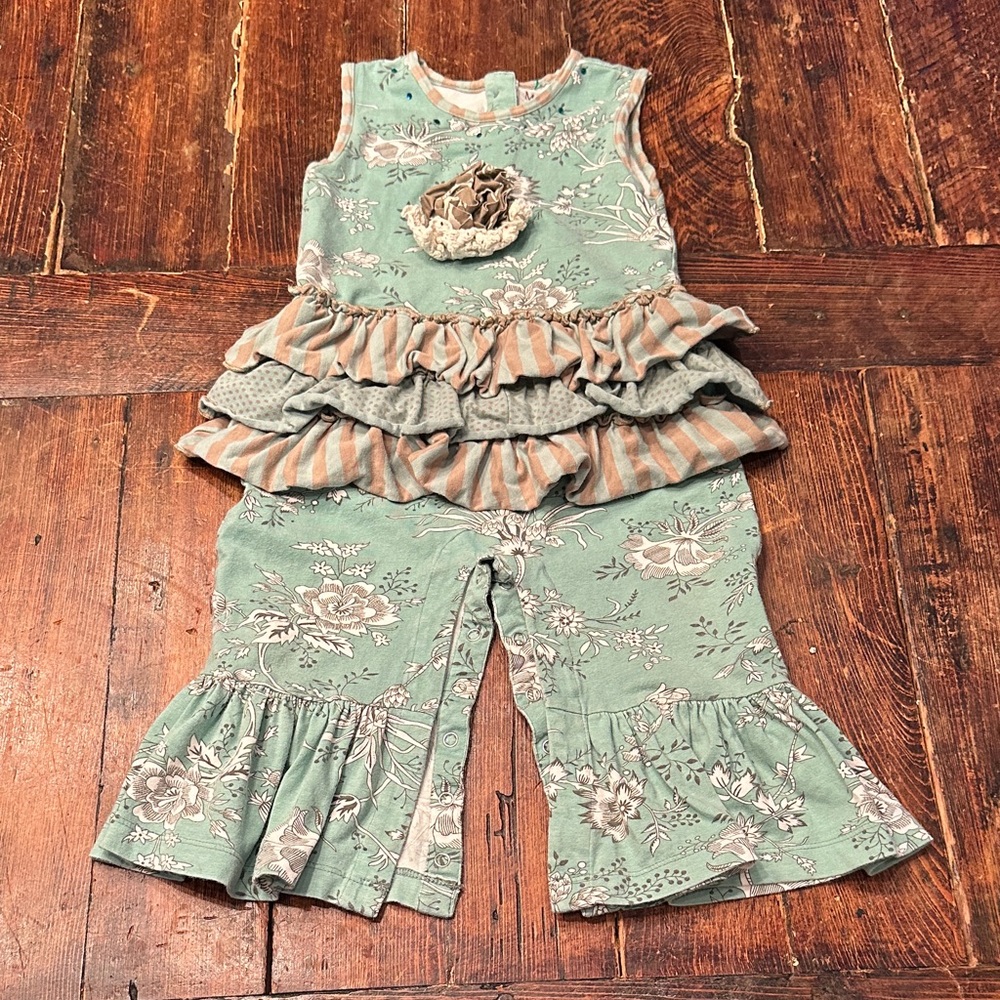 Mustard Pie Mint Floral Ruffle Romper with Striped Accents. Size 18months